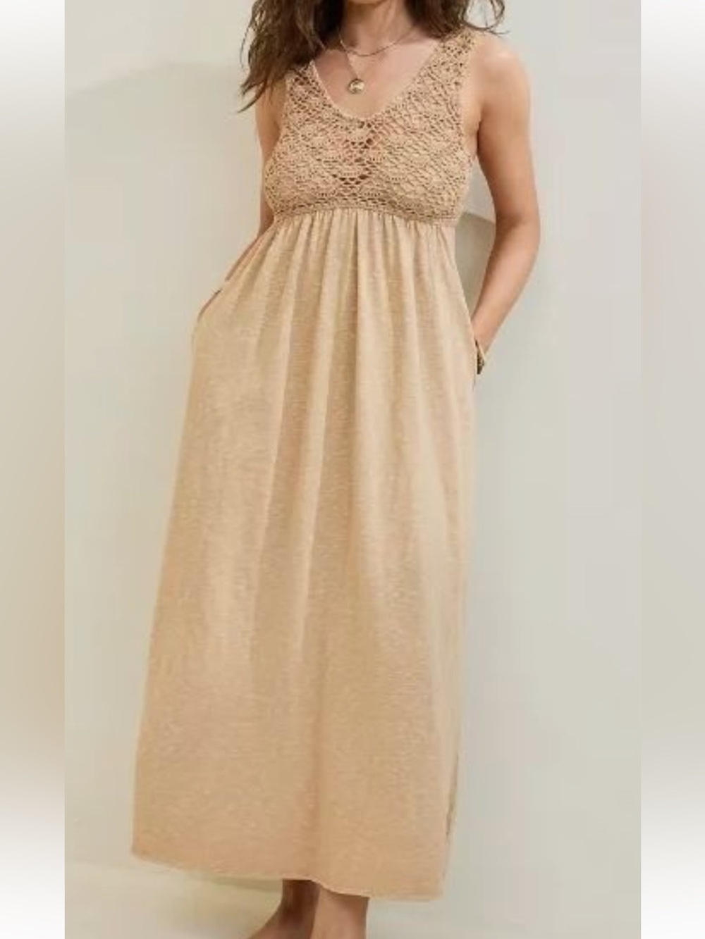 aerie Beige Crochet Bodice Maxi Dress